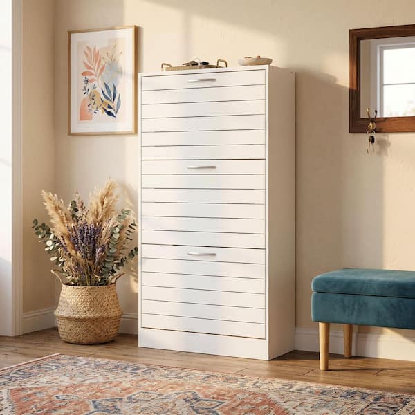 42.3 in. H x 22.4 in. W White Wooden Shoe Storage Cabinet with Silver Handles, 3-Drawers, 18-Pairs