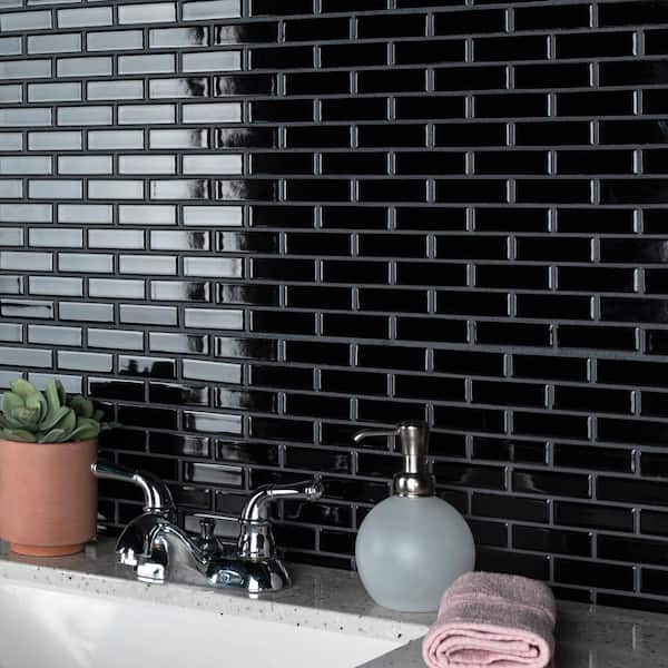 Metro Brick Subway Glossy Black 11-1/2 in. x 11-3/4 in. Porcelain Mosaic Tile (9.6 sq. ft./Case)