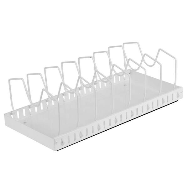 Under Cabinet Standing Pot Rack Organizer, Rustproof Sliding Cookware Holder with 8 Adjustable Dividers in White