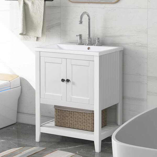 Aoibox 24inch White Bathroom Vanity Sink Combo for Small Space Modern Design with Ceramic Basin Gold Legs and Semi-Open Storage