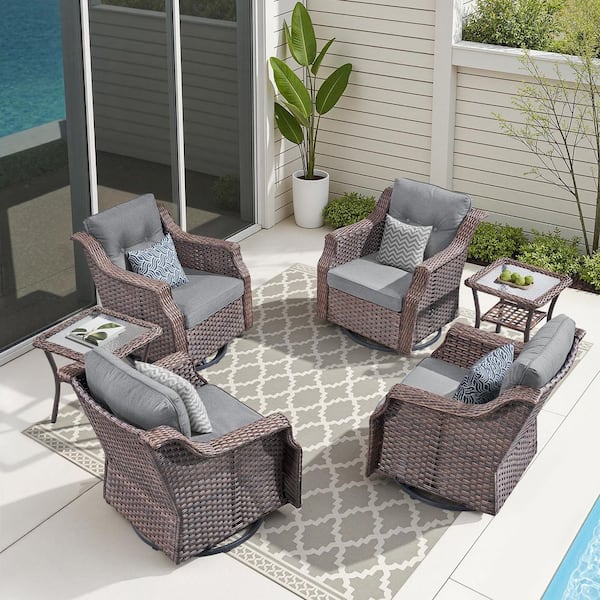 6-Piece Wicker Outdoor Rocking Chair Sets with Side Table, Patio Swivel Glider Chair with Gray Cushions