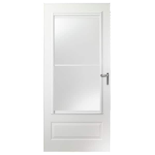 EMCO 36 in. x 78 in. 300 Series White Universal Self-Storing Aluminum Storm Door with Nickel Hardware