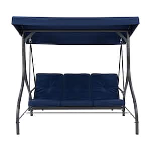Elia 3-Person Metal Convertible Patio Swing with Canopy in Navy Blue