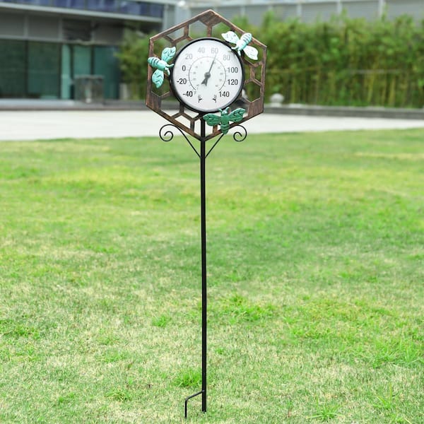 Hummingbird Thermometer Indoor Outdoor Garden Stake, Metal & Glass