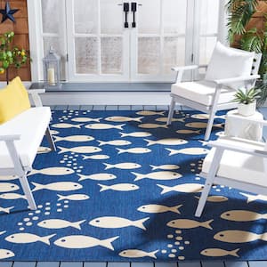 Courtyard Navy/Beige 9 ft. x 12 ft. Transitional Multi-Fish Solid Color Indoor/Outdoor Area Rug