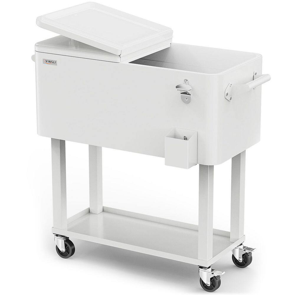 80 qt. White Patio Rolling Ice Chest Cooler Cart With Bar Drink Cooler Beverage Cart With Shelf For Party price history on PriceWatchPro