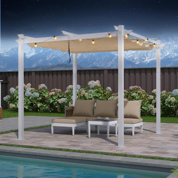 10 ft. x 10 ft. White Aluminum Frame Pergola with Beige Retractable Sun Shade Canopy Extra Roof and String Lights