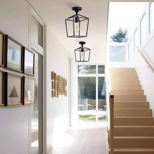 7 in. 1-Light Black Industrial Lantern Semi Flush Mount Ceiling Light for Living Room Dining Room