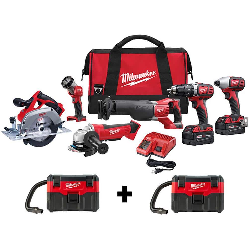 Milwaukee M18 18V Lithium-Ion Cordless Combo Tool Kit (6-Tool) with Two M18 Wet/Dry Vacuums -  2696-26-0880-