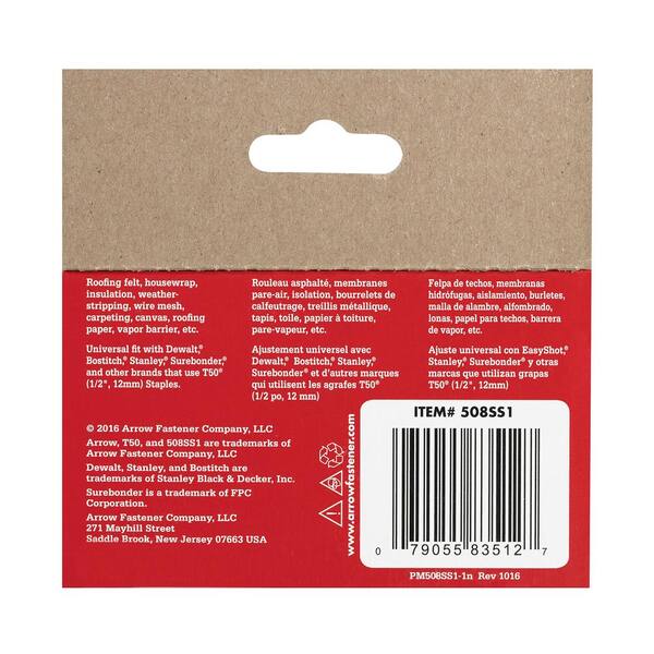 Arrow Fastener 508SS1 Genuine T50 1/2-Inch Stainless Staples 1,000-Pack 
