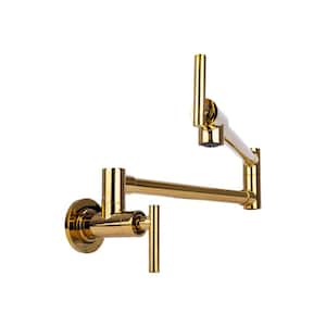 Contemporary Wall Mount Pot Filler with 2 Handles in Gold Finish