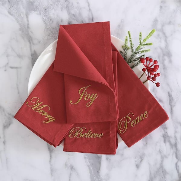 Holiday Sentiments Napkins, Set of 4, Red - 20"W x 20"L