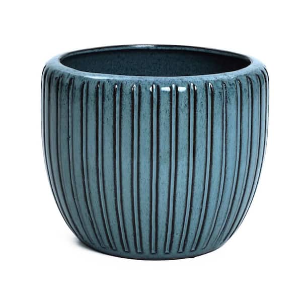 Sea Green Ceramic Ribbed Bowl Round Ceramic Decorative Floor Planter