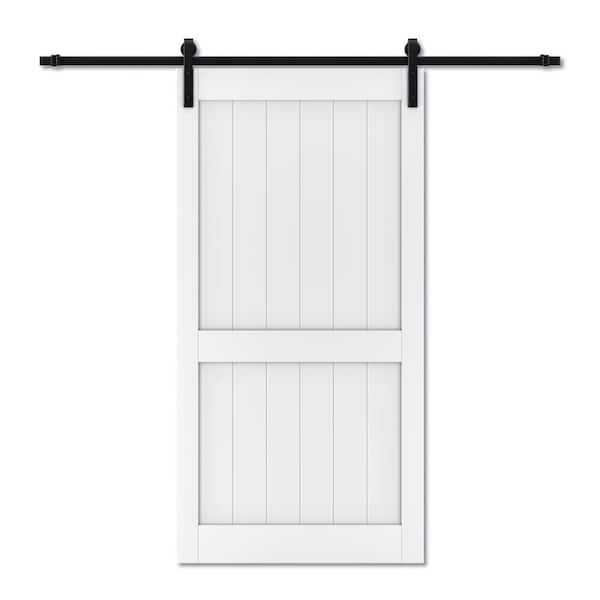 TENONER 42 in. x 84 in. H-Shape, MDF and PVC Covering, White, Finished, Barn Door Slab with Barn Door Hardware