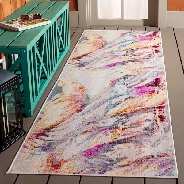 Rainbow Blue/Gold 3 ft. x 8 ft. Abstract Indoor/Outdoor Runner Rug