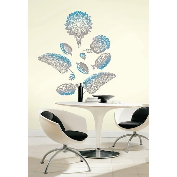 Snap 39.75 in. x 17.125 in. Blue And Grey Floral Wall Decal
