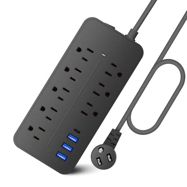 Lukyamzn 20 ft. Black Surge Protector Power Strip Long Extension Cord with USB C Wall Mount Flat Plug Desk 8 Outlets for Travel