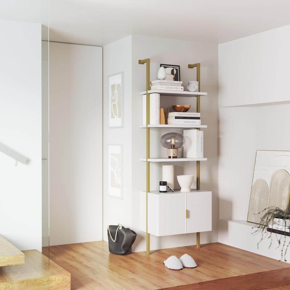White and Gold Adjustable Ladder Bookcase with Cabinet