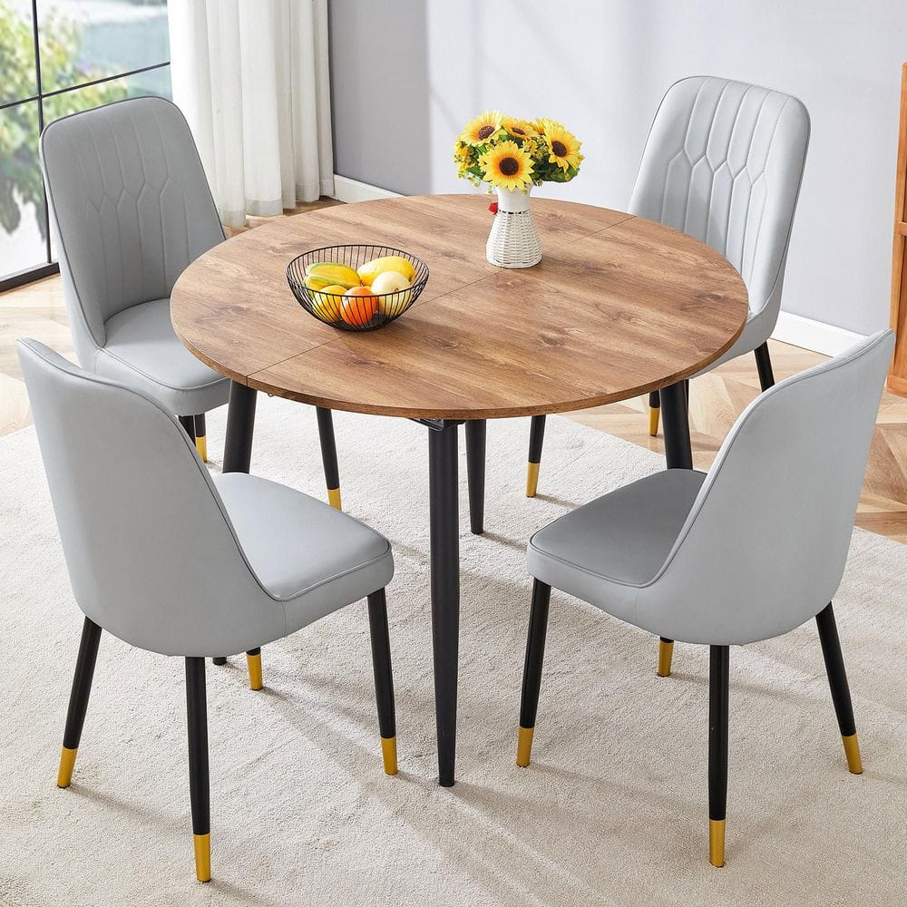 Modern 5-Piece Extendable Round to Oval Dining Set - Natural Wood MDF Top Table, 4 Gray Chairs
