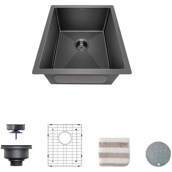 17 in. x 19 in. Undermount Stainless Steel Kitchen Sink with 16 Gauge Single Bowl in Gloss Black Ceramic Coating