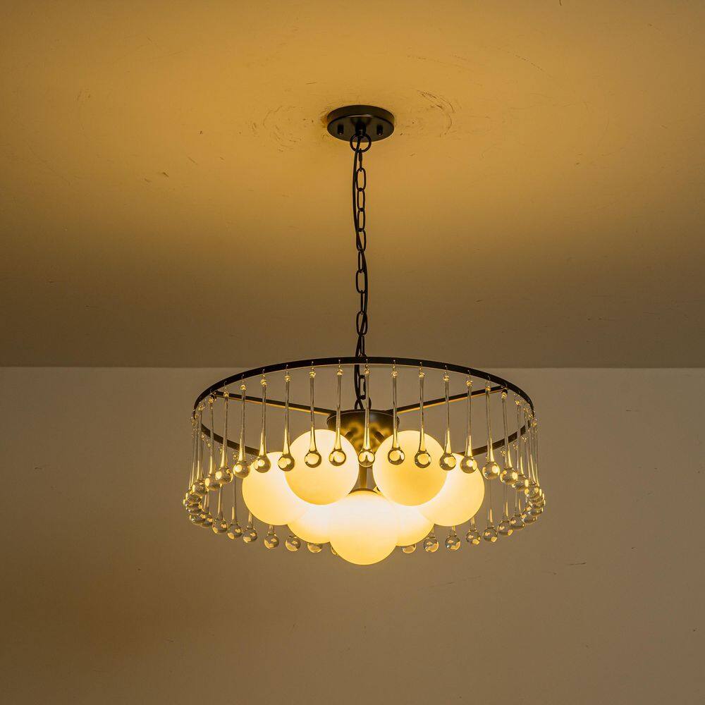 23.62 in. 7-Light Modern Matte Black Circular Iron Glass Chandelier with White Glass Shades, Crystal Accents price history on PriceWatchPro
