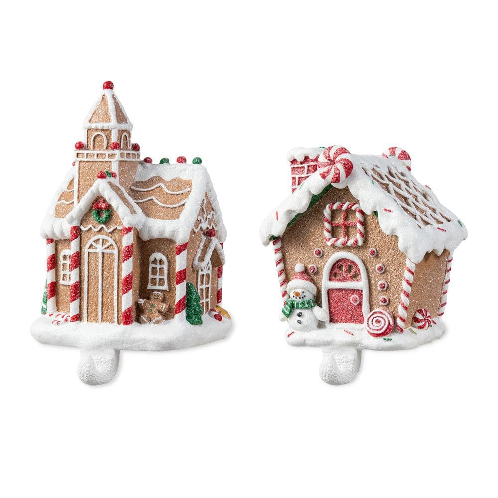 Glitzhome Resin Gingerbread House Stocking Holders (Set of 2