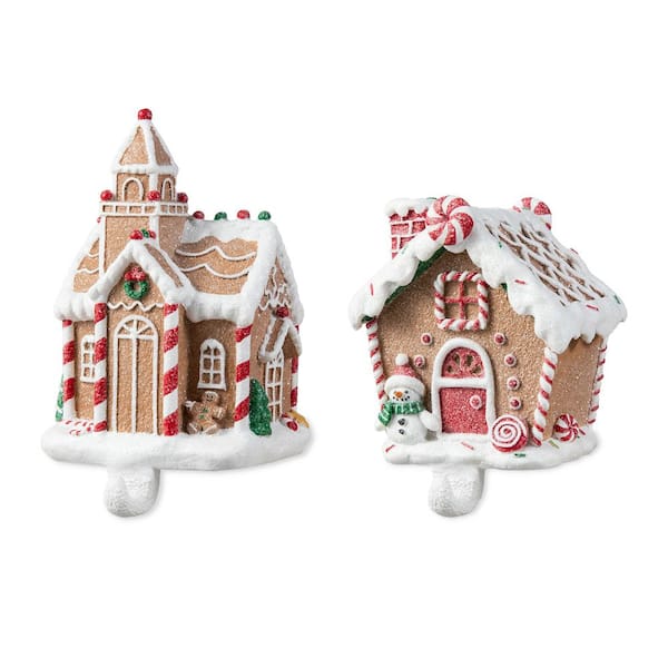 Glitzhome Resin Gingerbread House Stocking Holders (Set of 2)