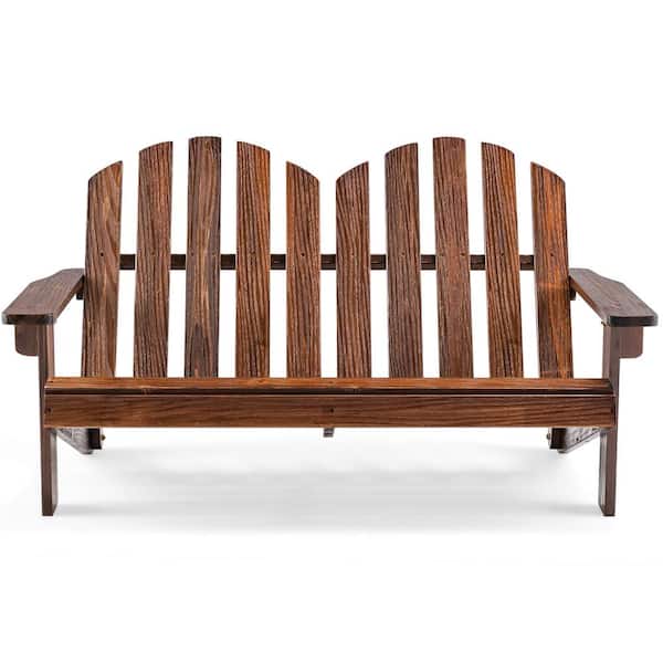 Gymax Coffee Solid Wood Kid Adirondack Chair Loveseat Backrest Arm Rest for 2 Person Patio