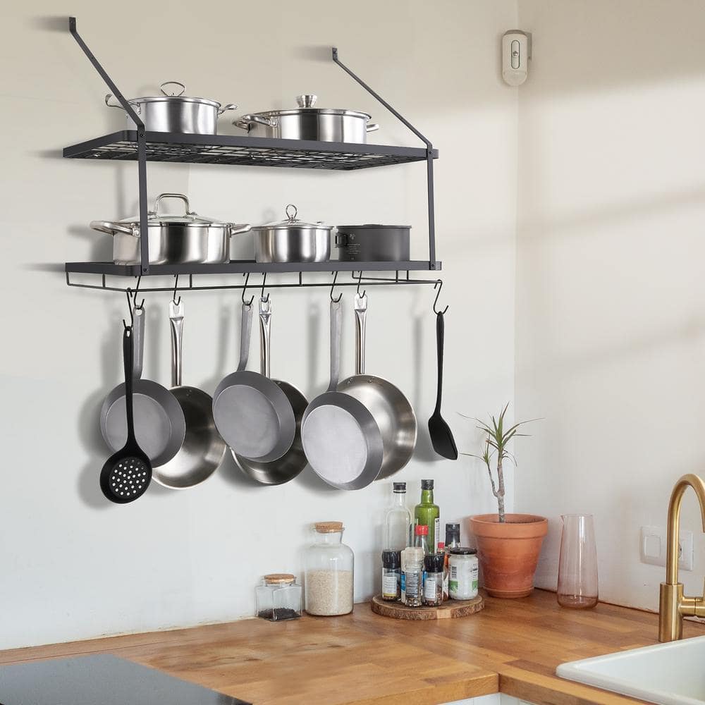 SKYSHALO Pot Rack Wall Mounted Black Wall Mounted Pot Rack Pot and Pan Hanging Rack Pot and Pan Hanger with 12 S Hooks BGSGJYC30YMPQAU7RV00711 The Home Depot