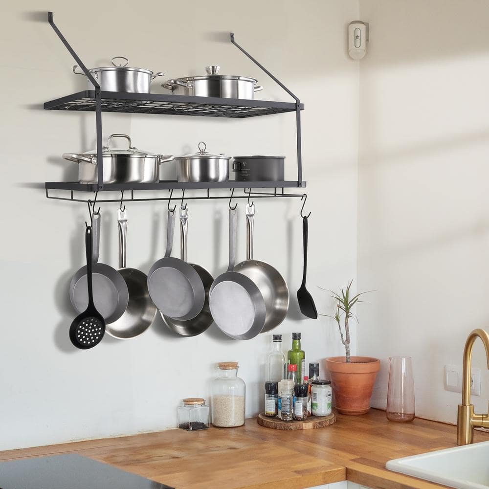 Black Metal Wall-Mounted Pot Rack with 12 Hooks