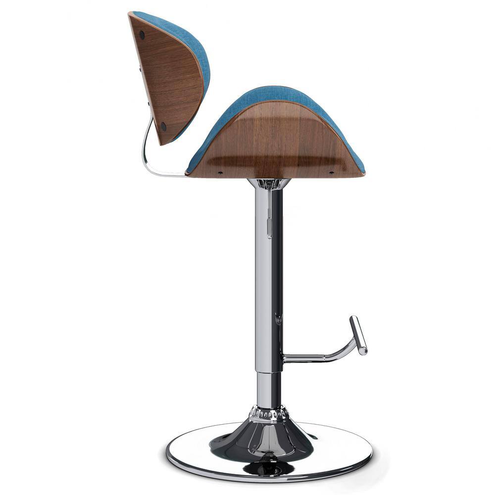 Blue Linen Adjustable Swivel Bar Stool with Wood Accents