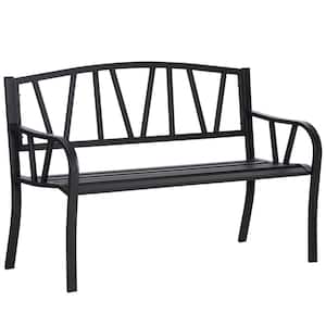 Park-Style 2-Person Black Metal Outdoor Bench Decor with Smooth Armrests Slatted Seat and Backrest for Outdoor Use