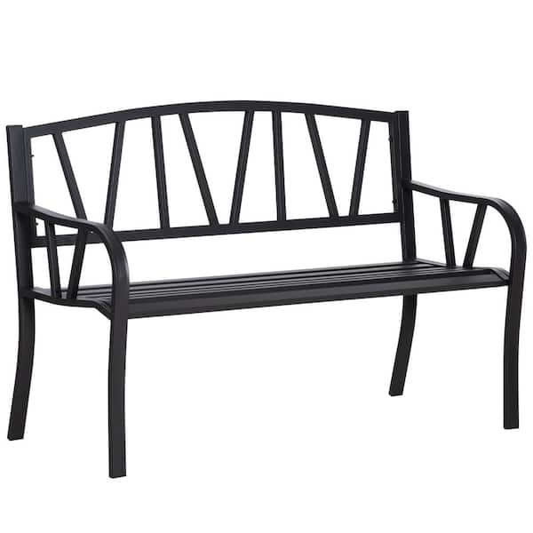 ITOPFOX Park-Style 2-Person Black Metal Outdoor Bench Decor with Smooth Armrests Slatted Seat and Backrest for Outdoor Use