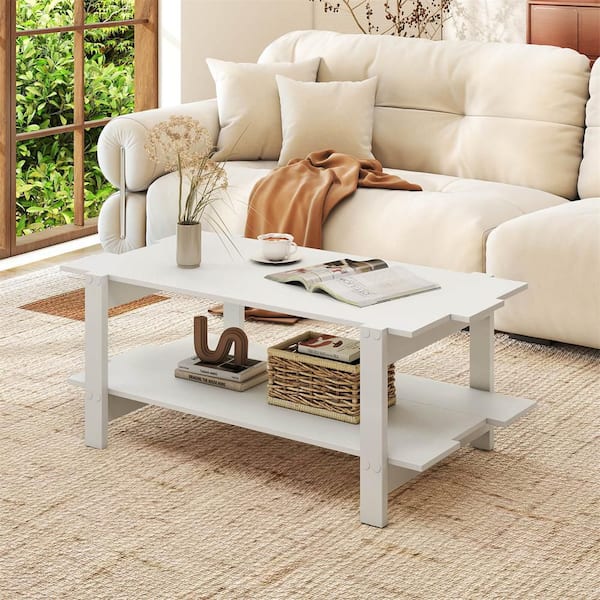 45 in. White Specialty Particle Board 2-Tier Coffee Table Irregular Center Table with Open Storage Shelf Cocktail Table