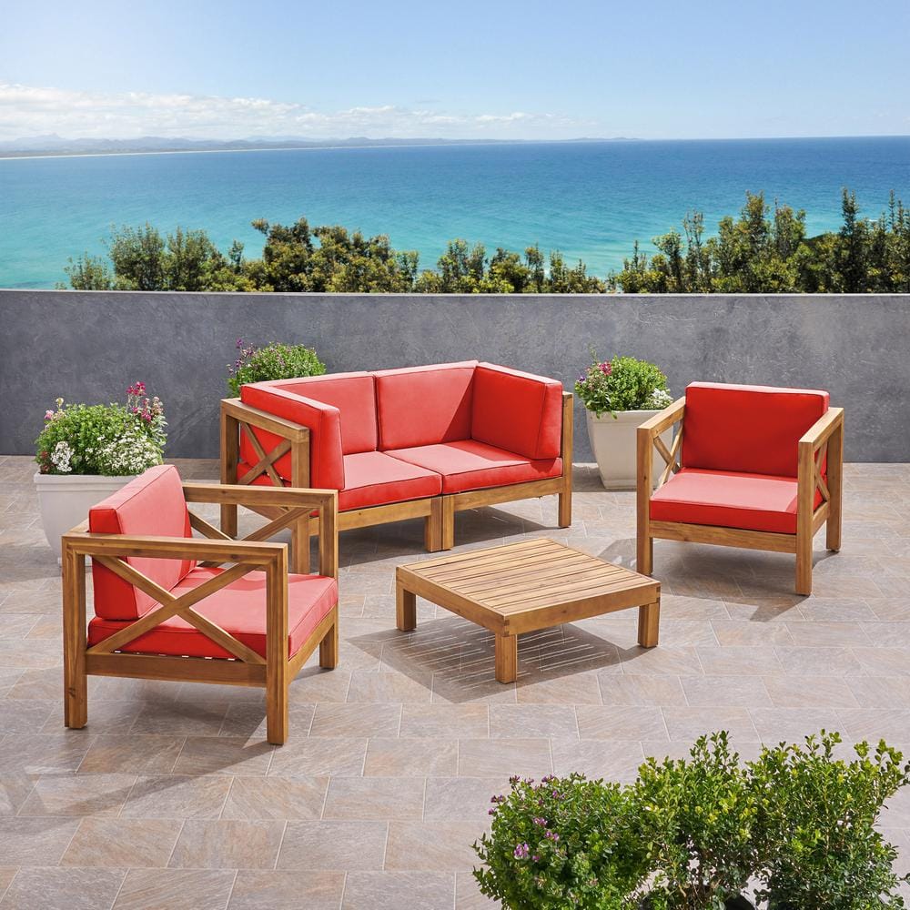 Noble House Brava Teak Brown 5-Piece Wood Patio Conversation Seating ...