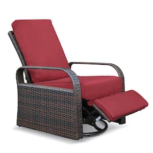 Oversized Aluminum Patio Indoor, Outdoor 360° Swivel Wicker Recliner with Thick Red Cushion Adjustable Backrest footrest