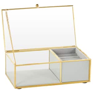 Clear Glass Jewelry Box with Gold Metal Frame and Gray Fabric Interior with Ring Slots