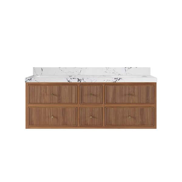 Willow Collections Sonoma Floating 60 in. W x 22 in. D x 36 in. H Double Sink Bath Vanity in Dark Natural with 2" Viola Night Qt. Top