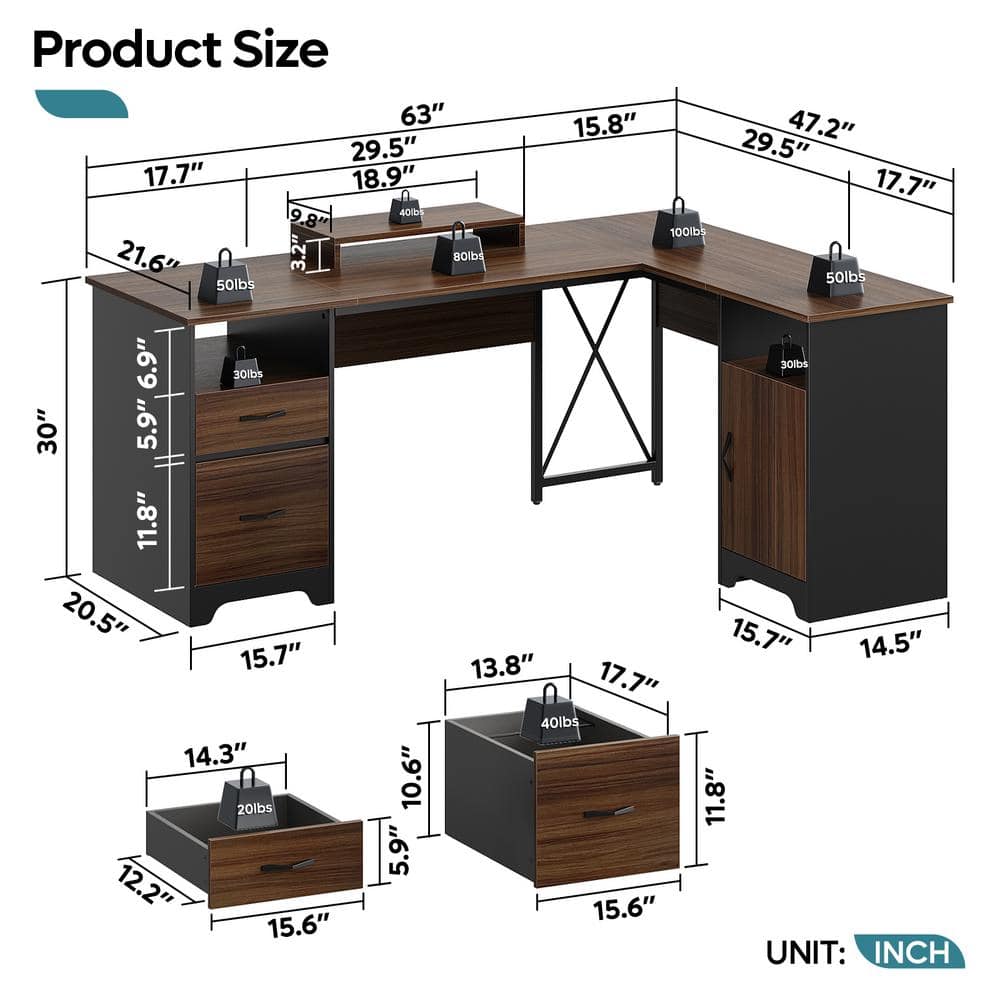 Cherry Wood L-Shaped Gaming Desk with Drawers and Keyboard Tray