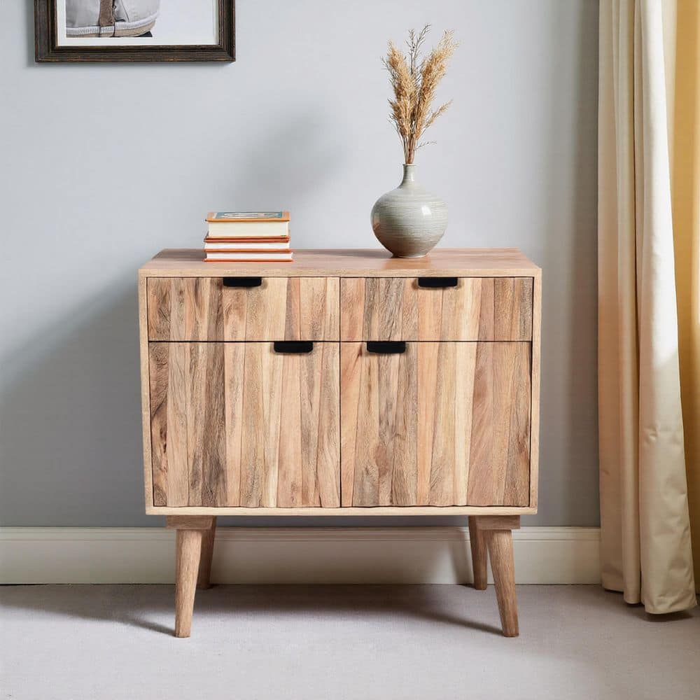 Natural Mango Wood Cabinet with Black Hardware and Drawers