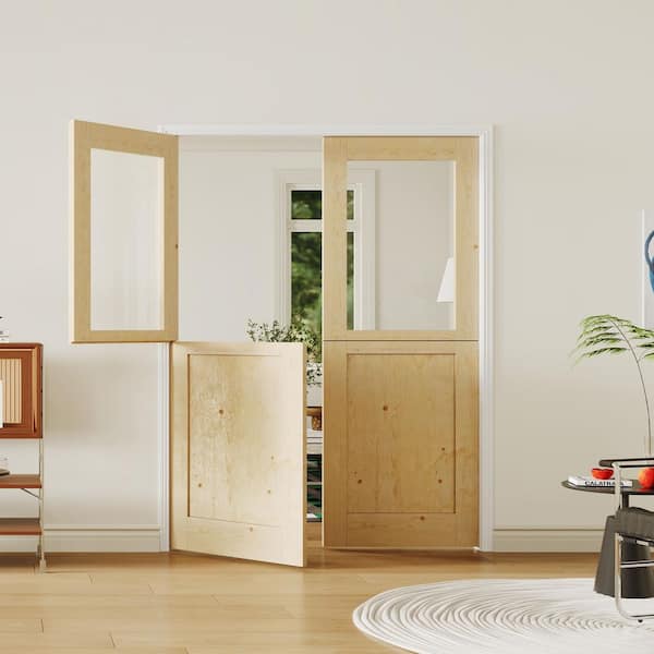 72 in. x 80 in. 1/2-Lite Clear Glass, Primed Half Split Interior Dutch Door Slab with Natural Pine Wood Color