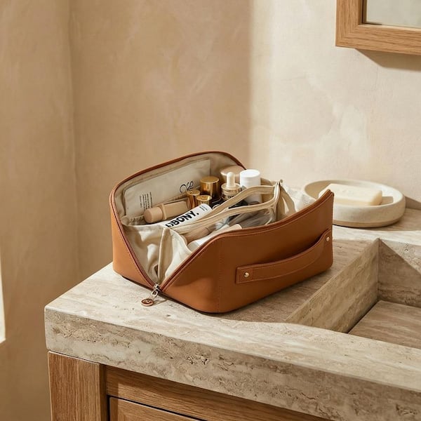 flat travel makeup bag BAGSMART for Women, Portable Water-Resistant Cosmetic Case, Puffy Padded Make up Organizer Pouch, Open Toiletry Bag for This stylish and practical makeup bag measures 9.2 x 4.1 x 4.3 in Toiletry Bag Flat Makeup Pouch