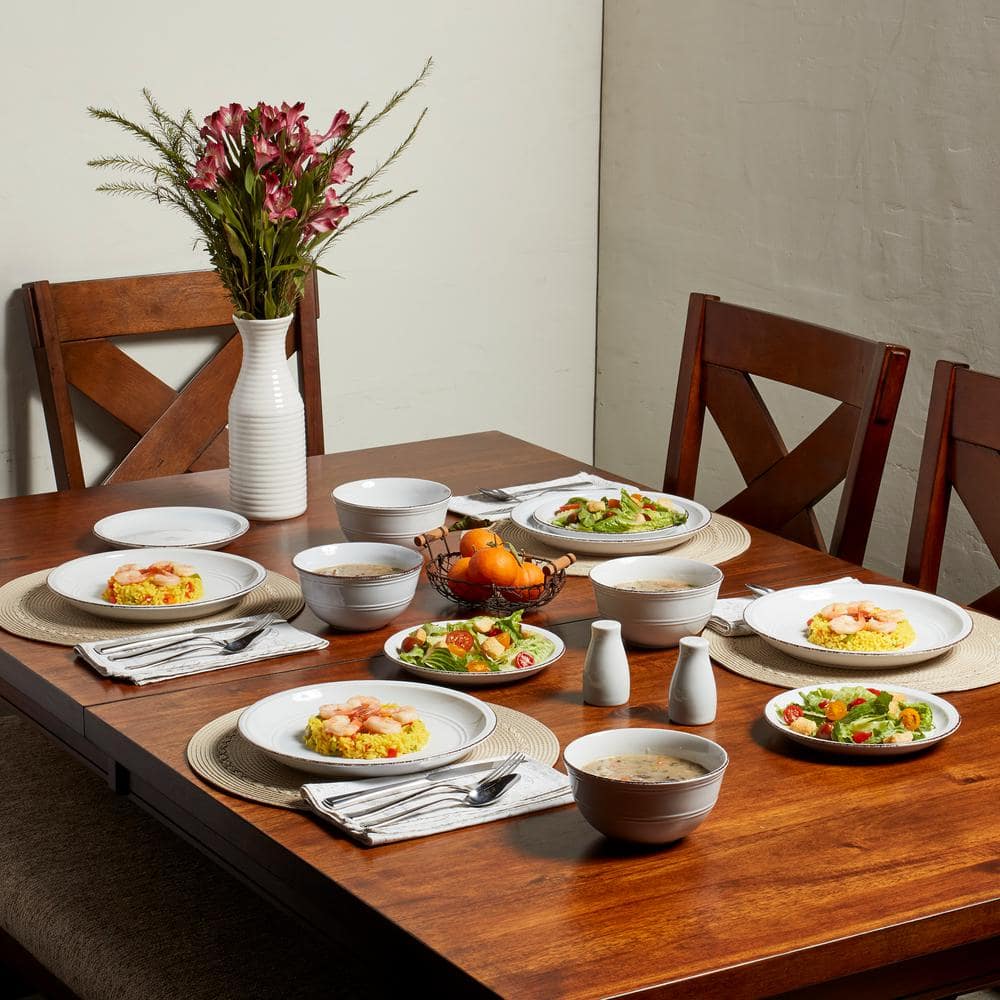 White Ceramic Farmhouse Dinnerware Set, Service for 4