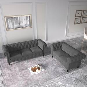 84.25 in. W Roll Arm Gray Velvet 3-Seater Button Tufted Straight Chesterfield Sofa with 61.42 in. W Loveseat