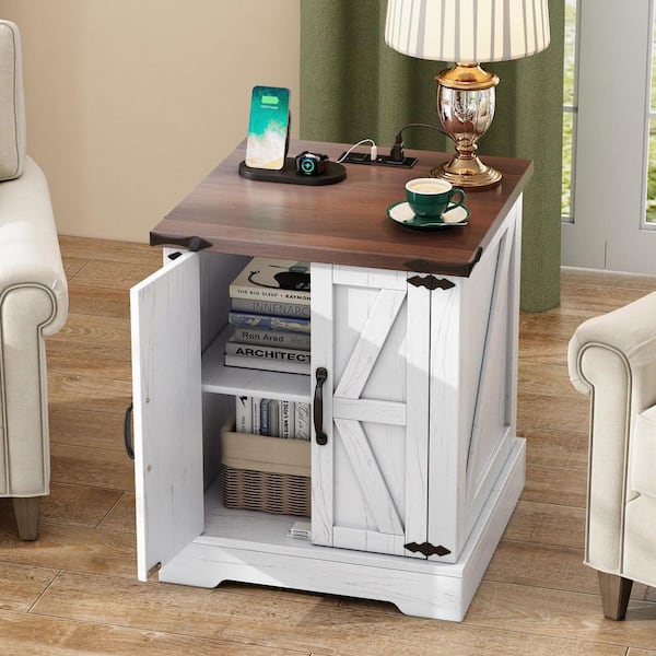 Unbranded 19.6 in. White Square Wood End Table with Charging Station and Barn Doors Nightstand Sofa Side Table Bedside Cabinet