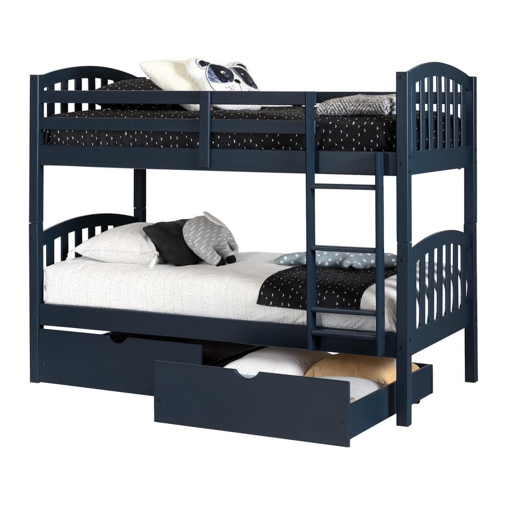 Navy Blue Twin Bunk Bed with Storage Drawers and Pine Frame