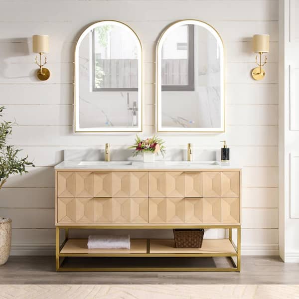 Milagro 60 in. W x 22 in. D x 33.8 in. H Double Sink Bath Vanity in Washed Ash Grey with White Qt. Stone Top
