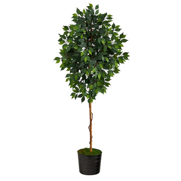 Nearly Natural 74in. Ficus Artificial tree in Black Tin Planter