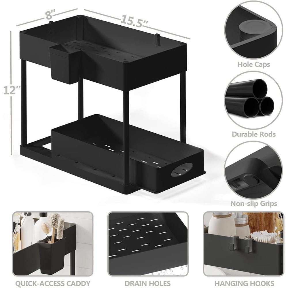 Black 2-Tier Under Sink Organizer with Sliding Drawer