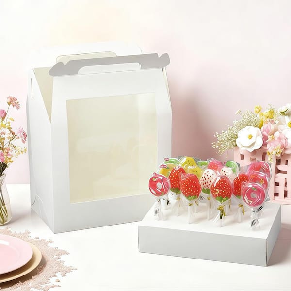 4-Piece White Cake Pop Box Set with Clear Window Portable Cake Pop Holder Stand for Parties and Events Carrier Set